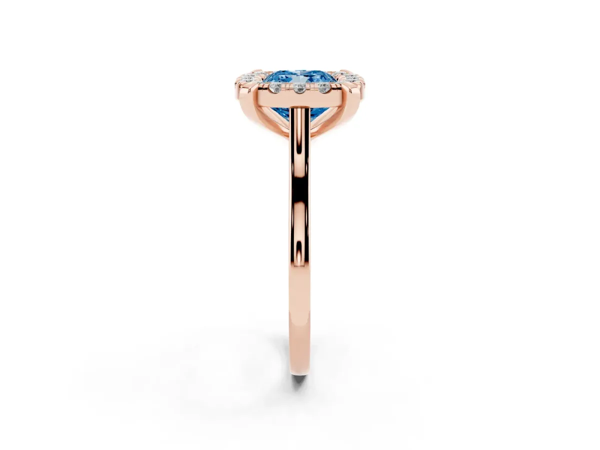 Fancy Blue Cushion Cut Diamond Cluster Halo Solitaire with Four-Prong Setting Rose gold