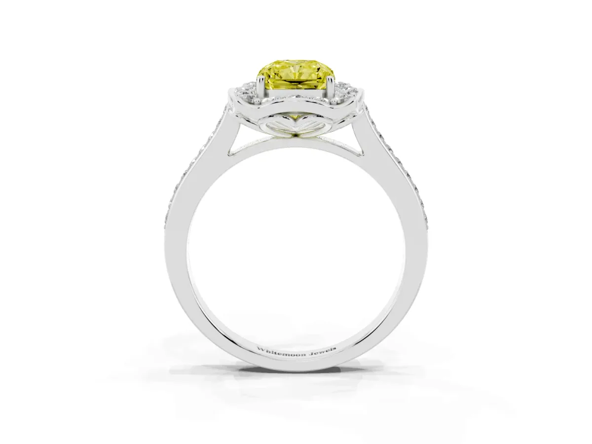 Fancy Yellow Radiant Cut Halo Round Diamond Pave Band with Four-Prong Setting Platinum
