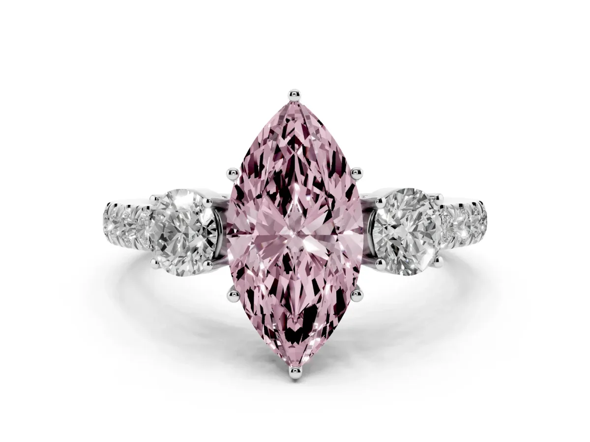 Fancy Pink Marquise Cut Cut Diamond Three-Stone Ring with Round Side Stones and Pavé Band White gold