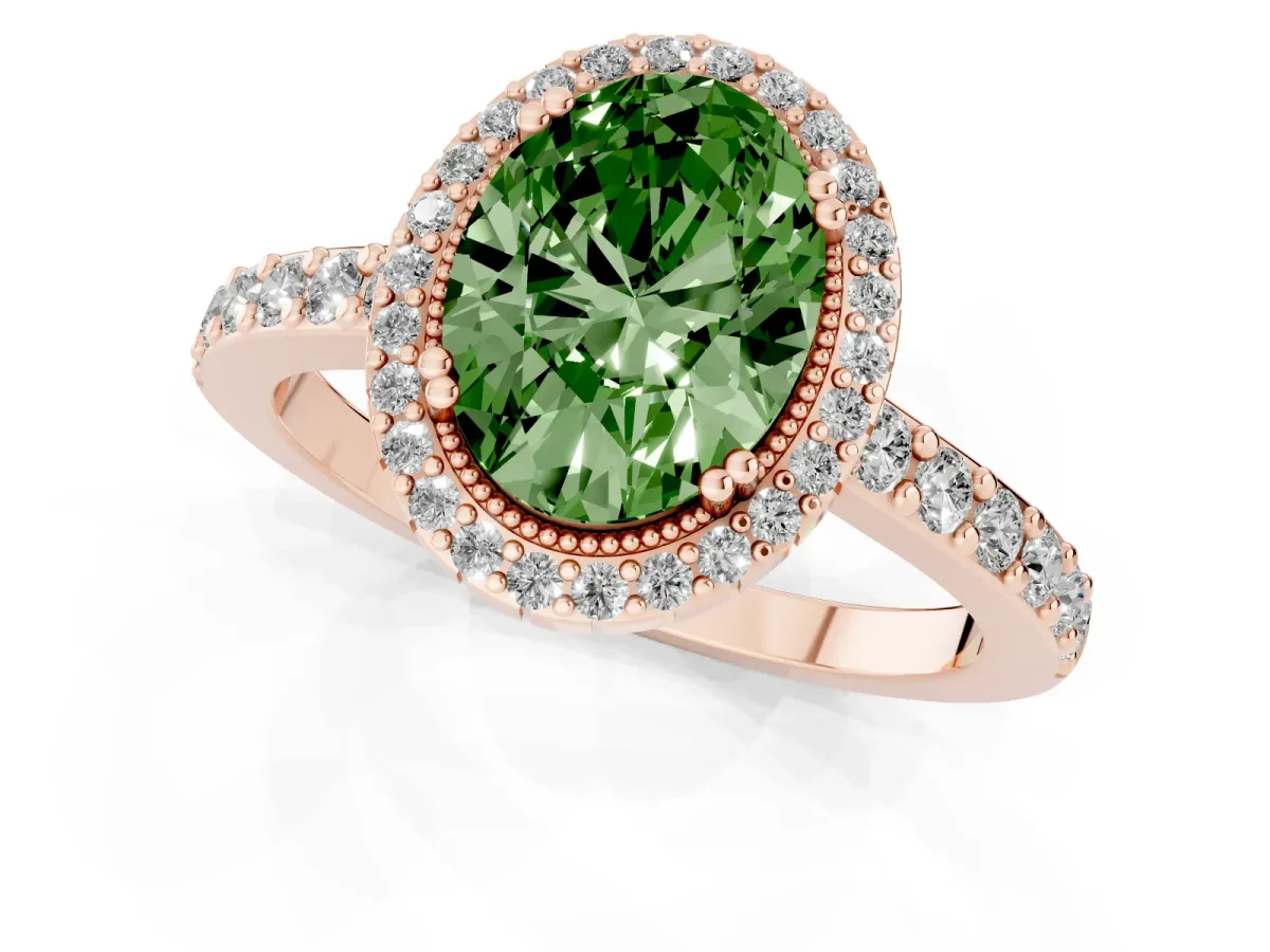 Fancy Green Oval Cut Cut Diamond Halo Engagement Ring with Milgrain Detail and Pavé Band Rose gold