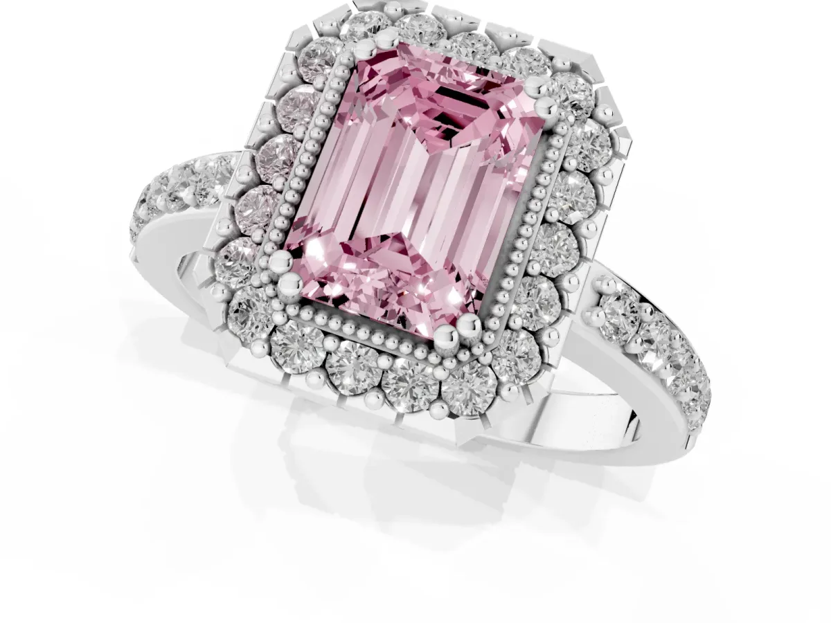 Fancy Pink Emerald Cut Diamond Halo Ring with Pavé Band and Prong Setting Platinum