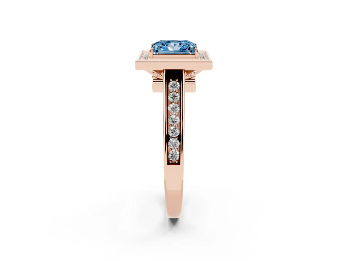 Fancy Blue Princess Cut Halo Solitaire Diamond Ring with Pave Band and Bezel Setting Rose gold