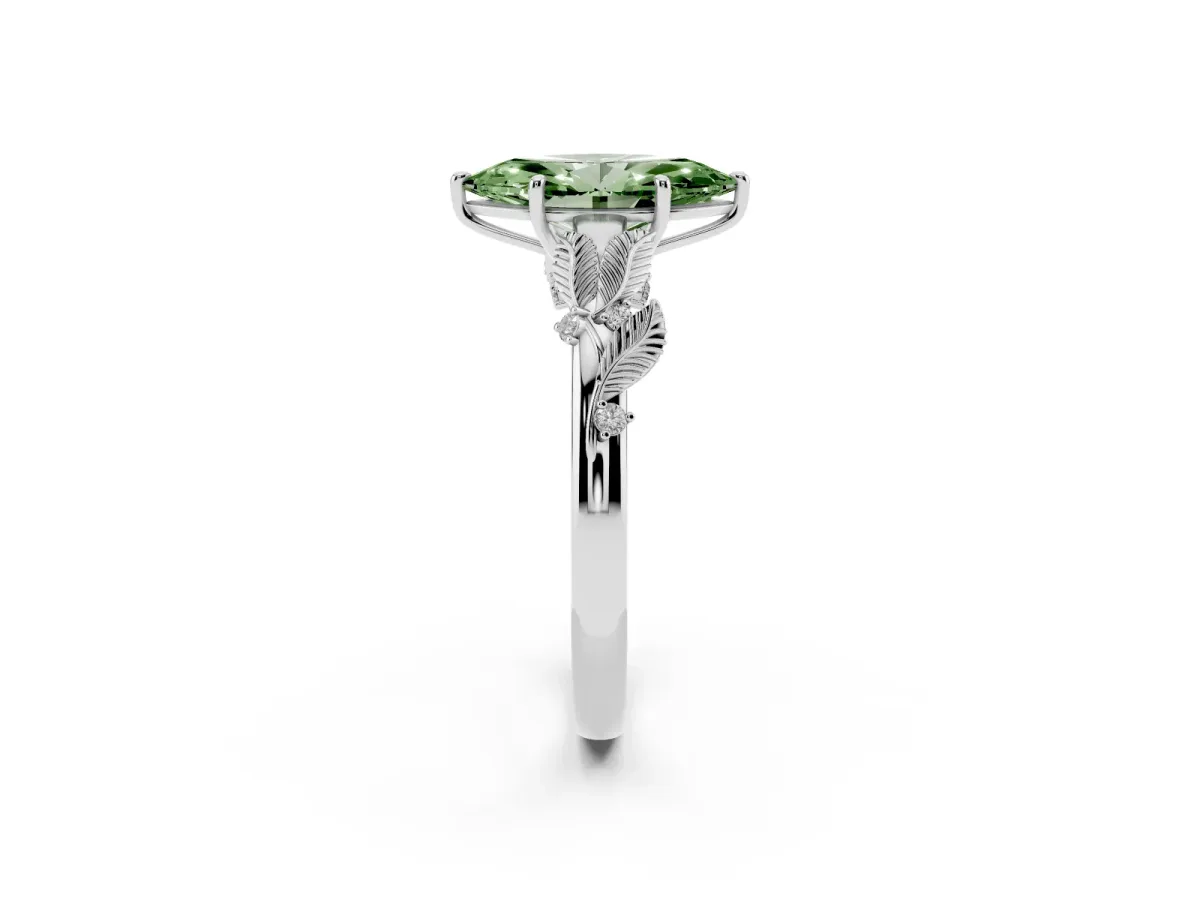 Fancy Green Marquise Cut Diamond Solitaire Ring with Leaf Motif Band and Four-Prong Setting Silver