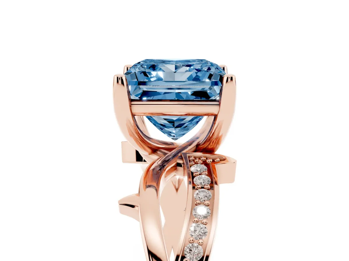Fancy Blue Princess Cut Solitaire Twist Band with Pavé Accents and Four-Prong Setting Rose gold