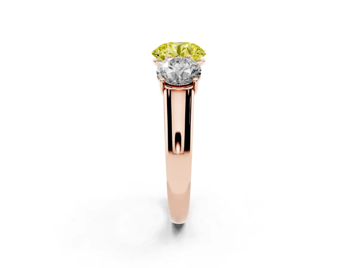 Fancy Yellow Round Cut Three-Stone Diamond Ring with Prong Setting on a Classic Band Rose gold