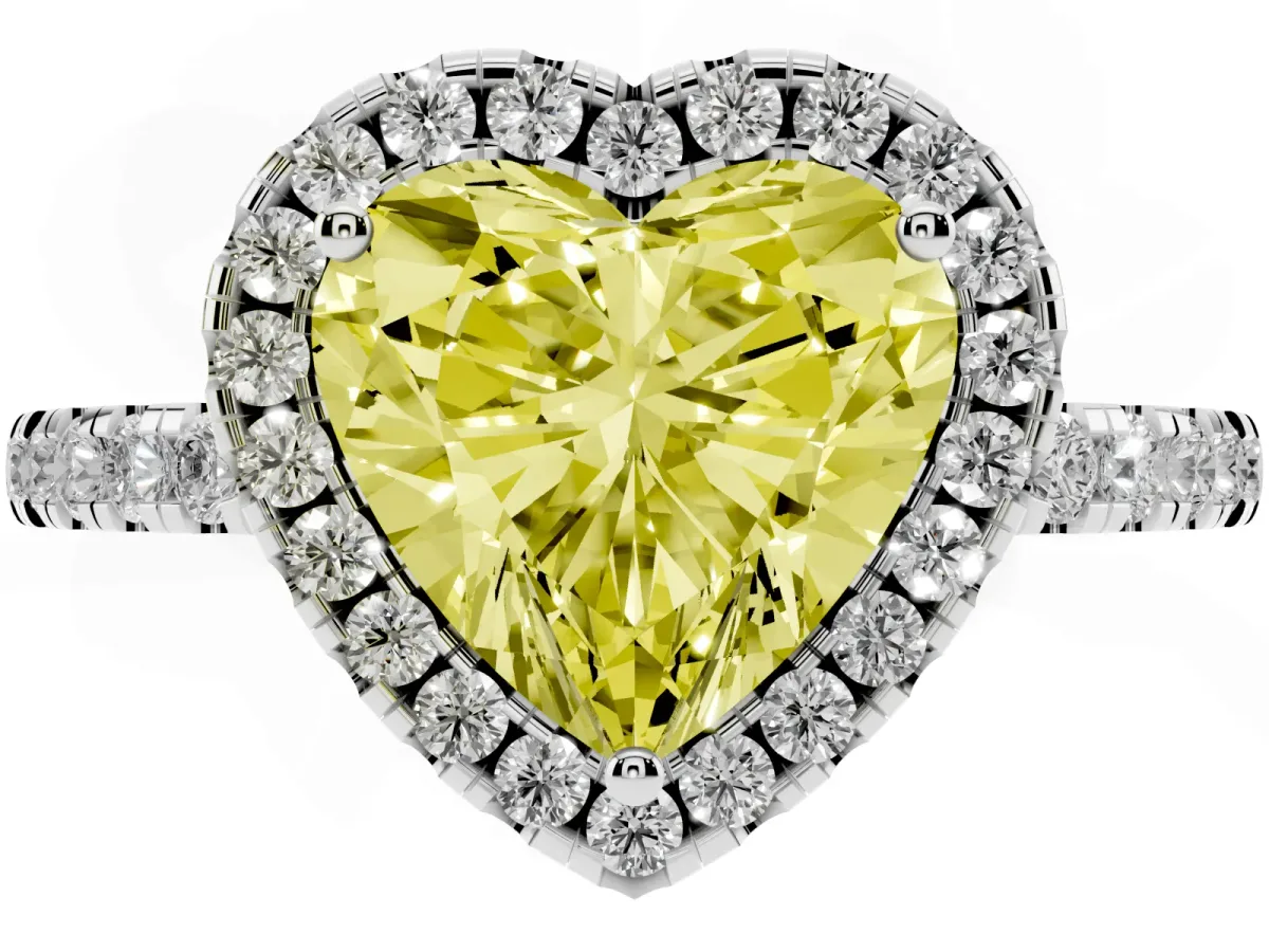 Fancy Yellow Heart Cut Halo Diamond Engagement Ring with Pavé Band and Four-Prong Setting White gold