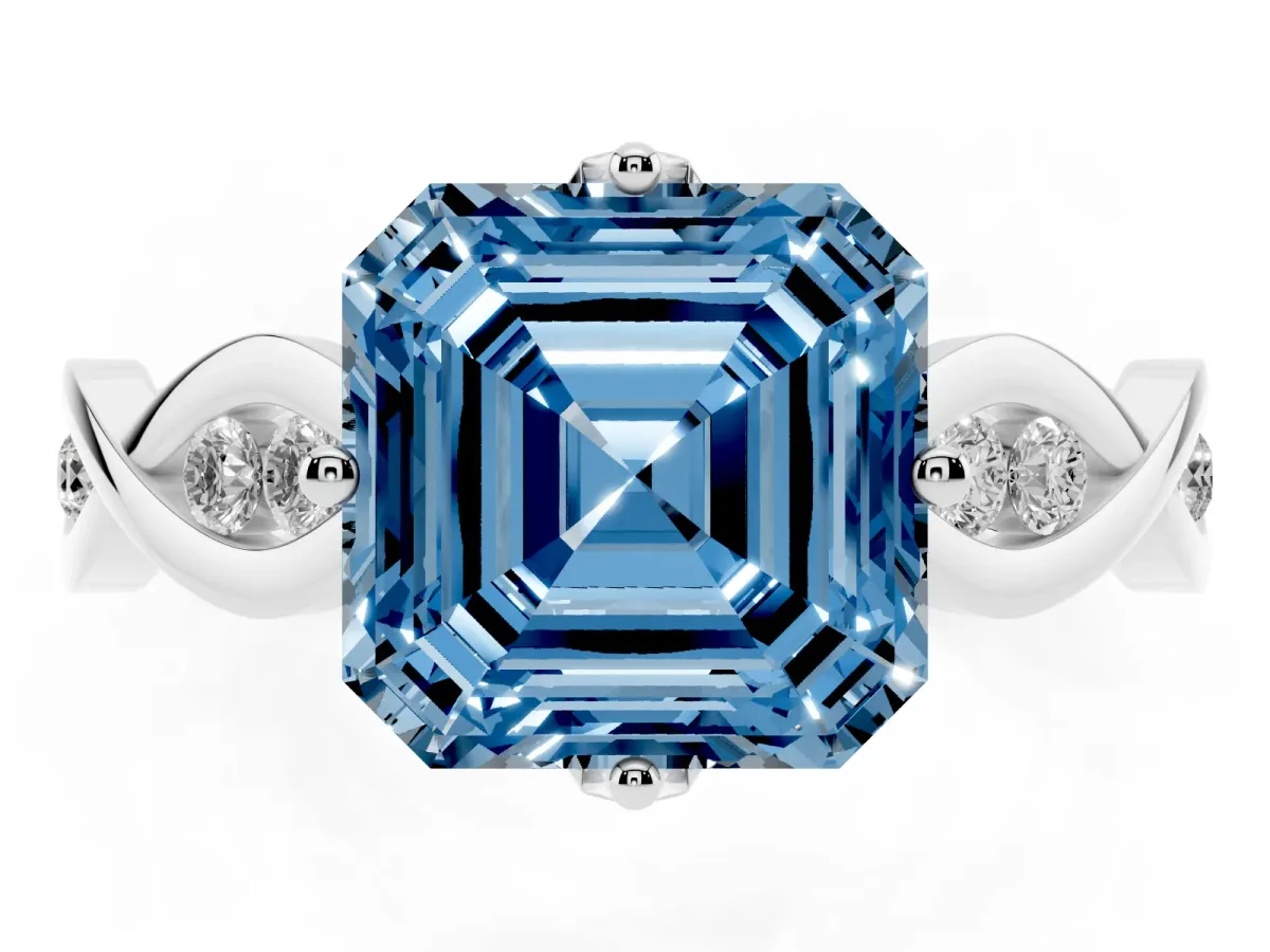 Fancy Blue Asscher Cut Solitaire Twist Band with Leaf Prong Setting Platinum