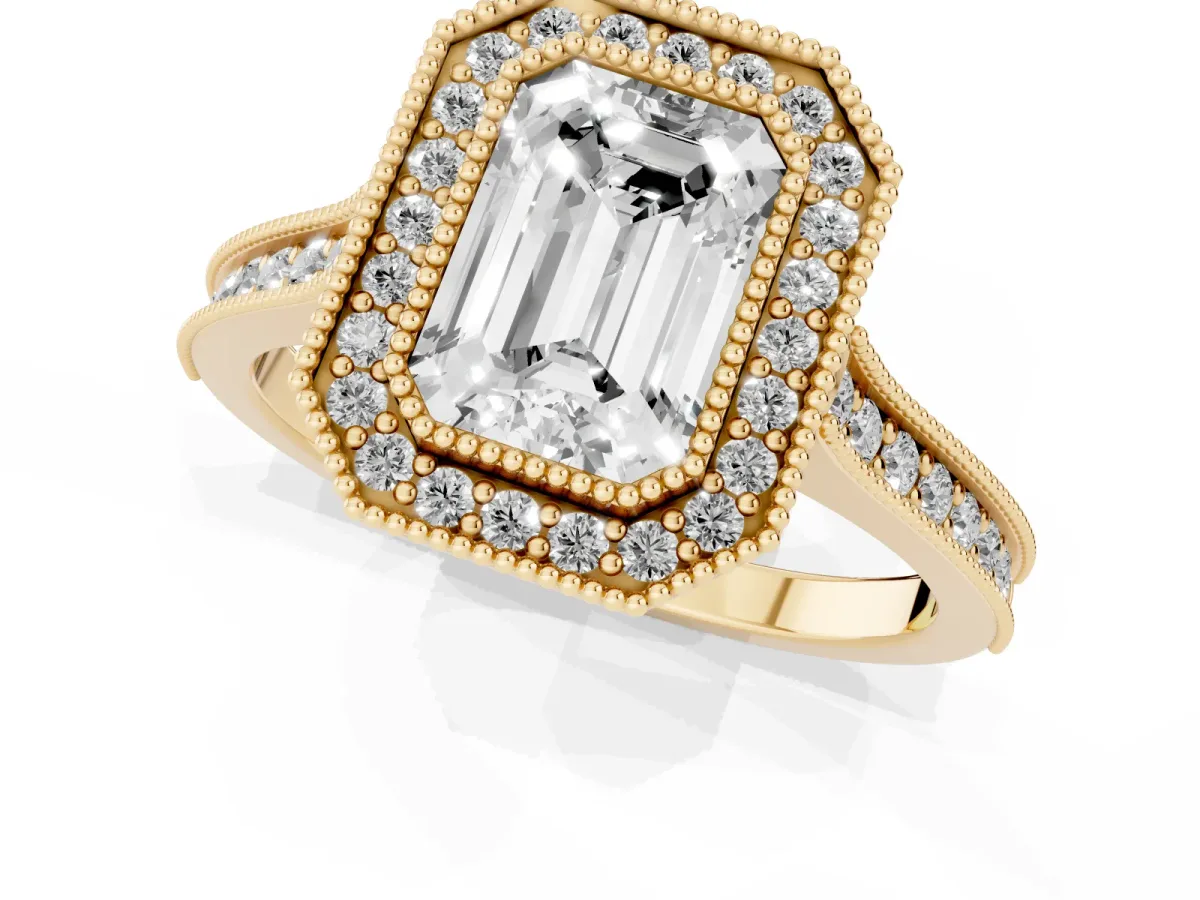 Halo Emerald Cut-Cut Diamond Pave Band Milgrain Prong Setting Ring Yellow gold