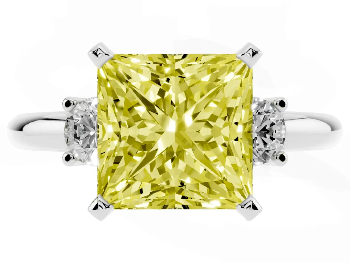 Fancy Yellow Three-Stone Princess Cut Cut Diamond Solitaire with Prong Setting and Classic Band Platinum