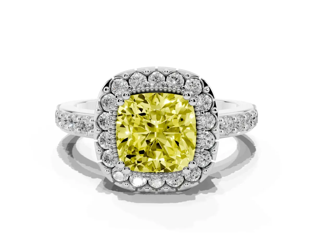 Fancy Yellow Cushion Cut Diamond Halo Ring with Pavé Band and Prong Setting Silver