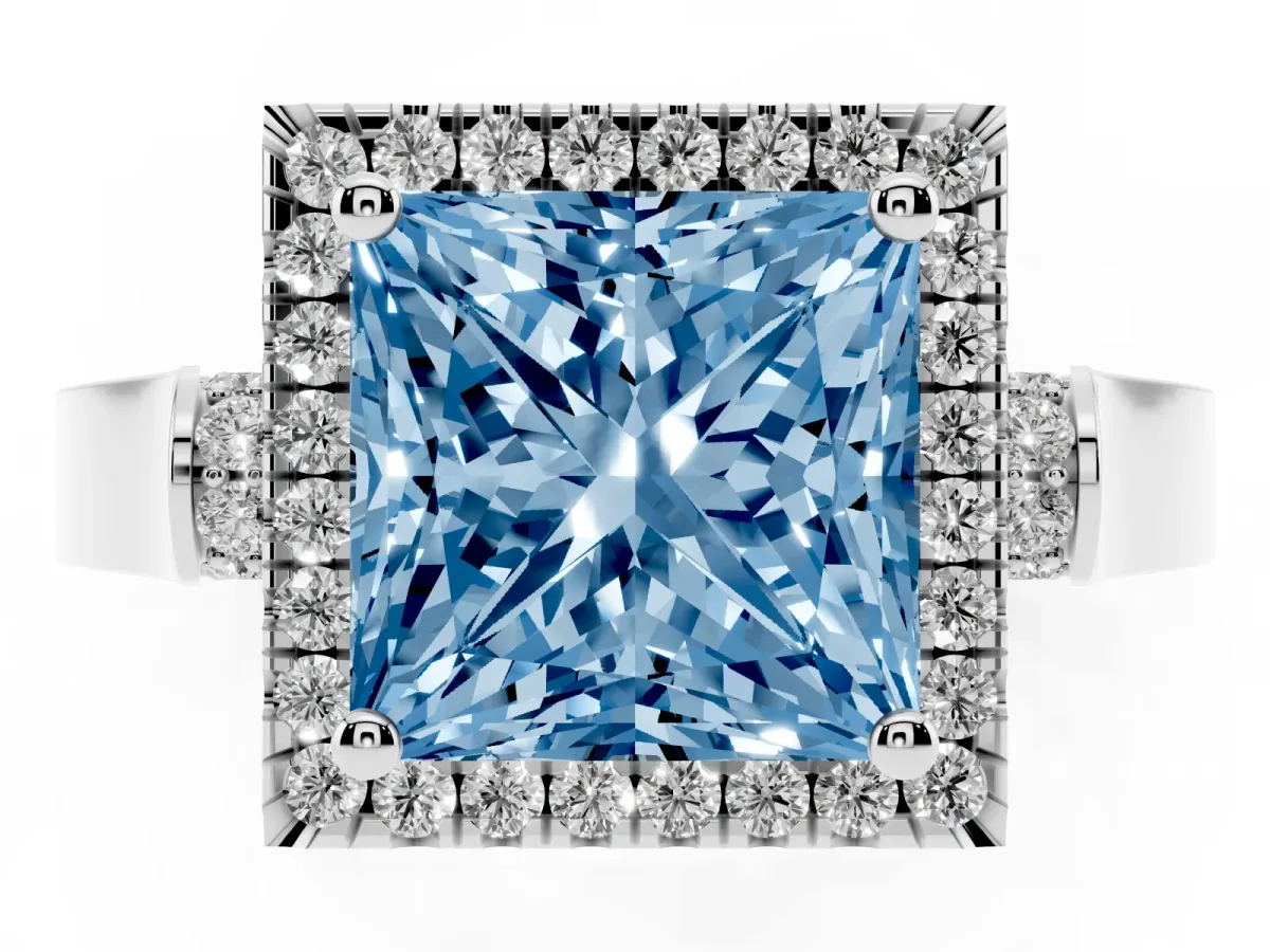 Fancy Blue Princess Cut Halo Round Diamond Twist Band with Four-Prong Setting White gold