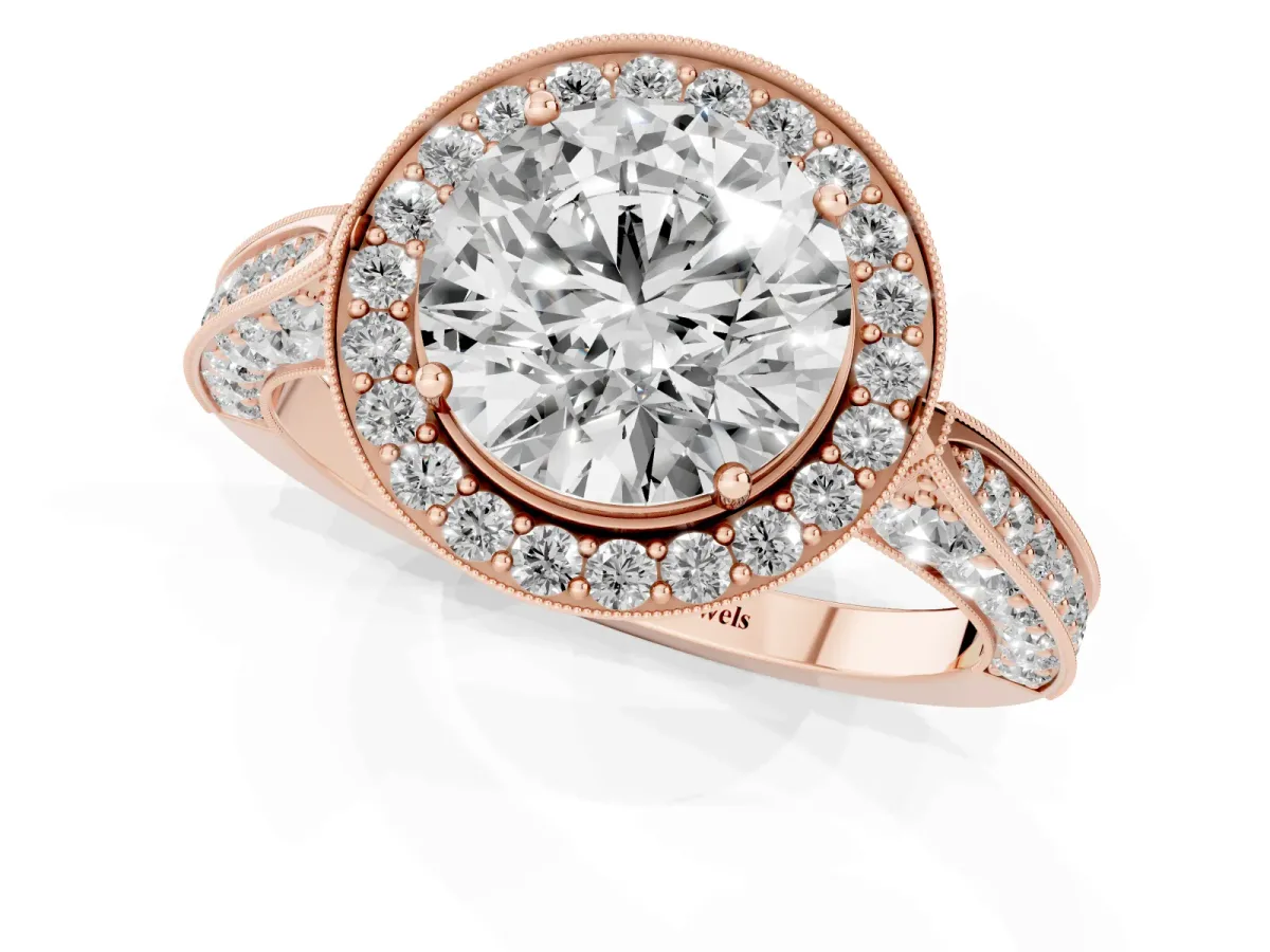 Round Cut Halo Diamond Engagement Ring with Split Shank Band and Four-Prong Setting Rose gold