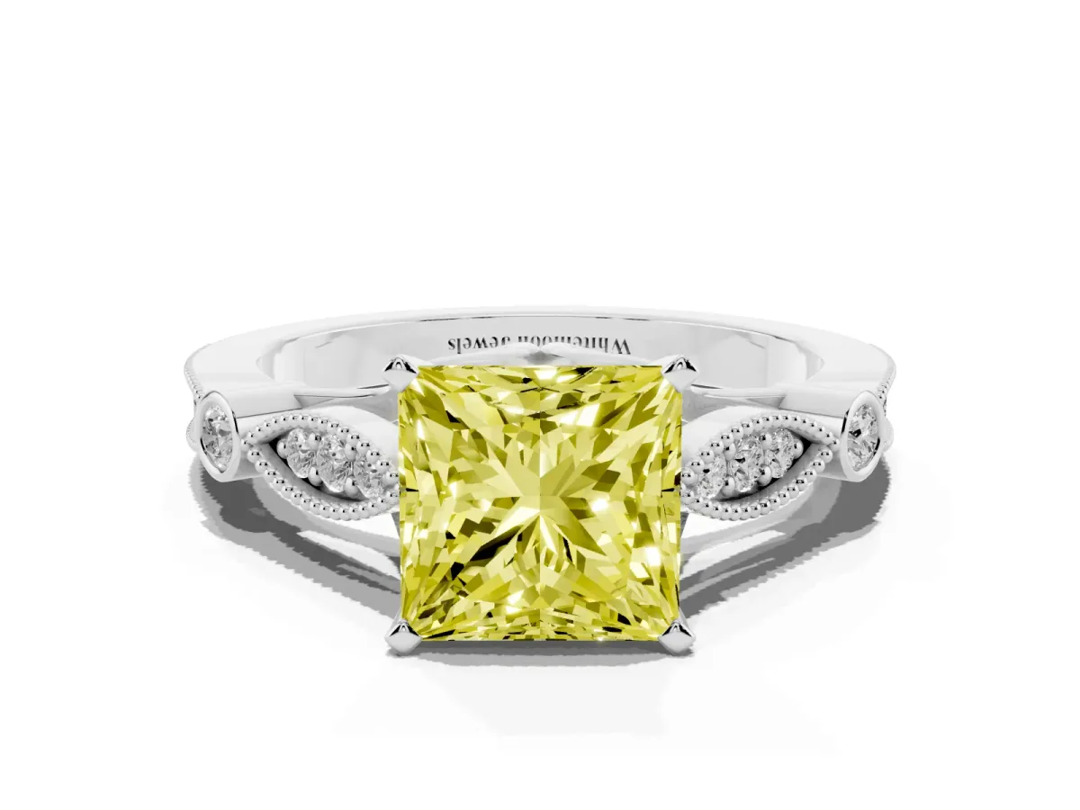 Fancy Yellow Princess Cut Cut Diamond with Milgrain Marquise and Bezel Accents on a Solitaire Band with Prong Setting White gold