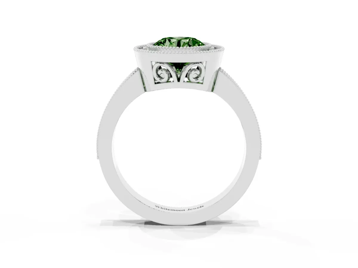 Fancy Green Round Cut Cut Halo Diamond Ring with Pavé Band and Milgrain Prong Setting White gold
