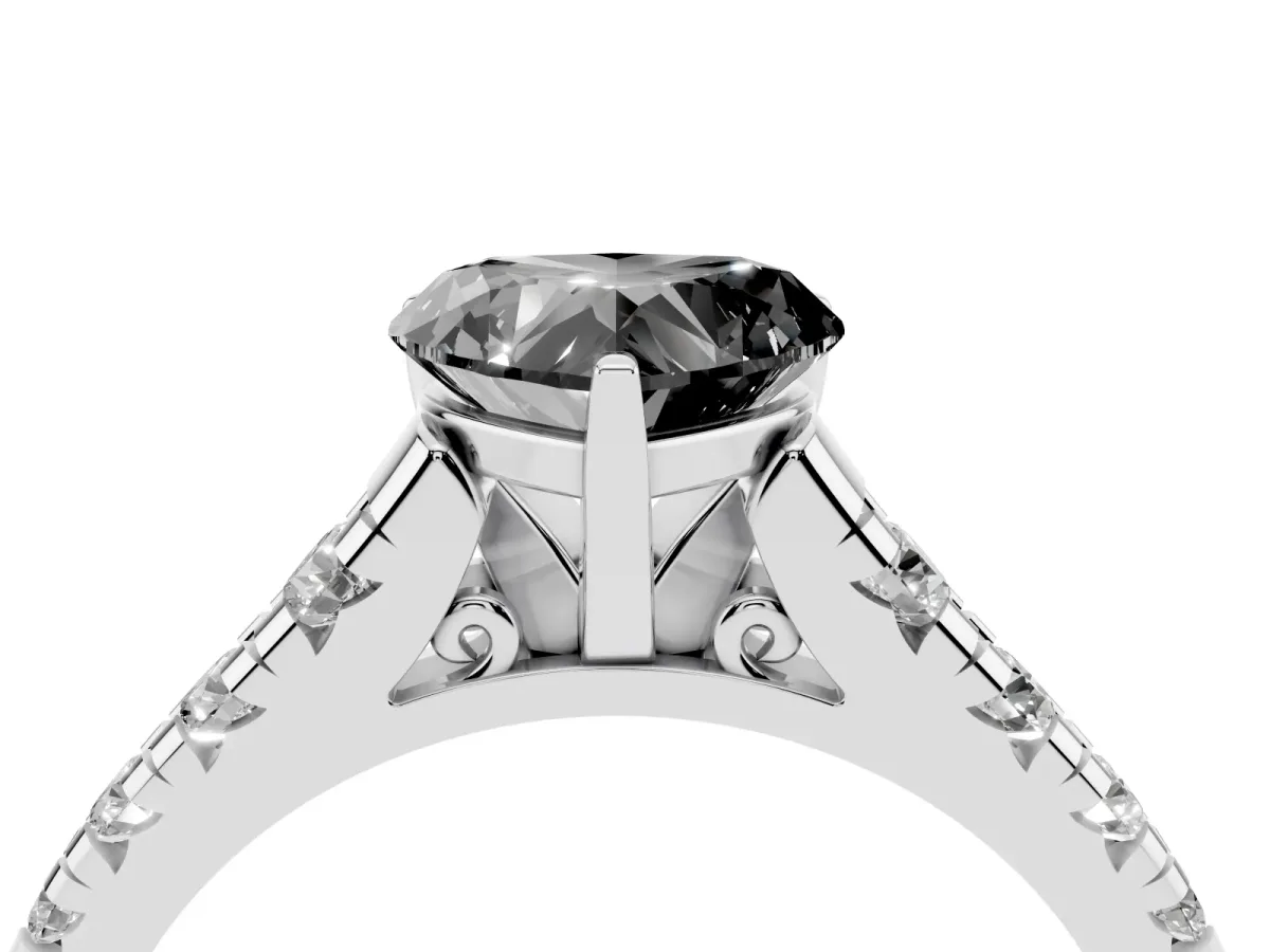 Fancy Black Heart Cut Diamond Cathedral Solitaire Ring with Round Pavé Band Silver