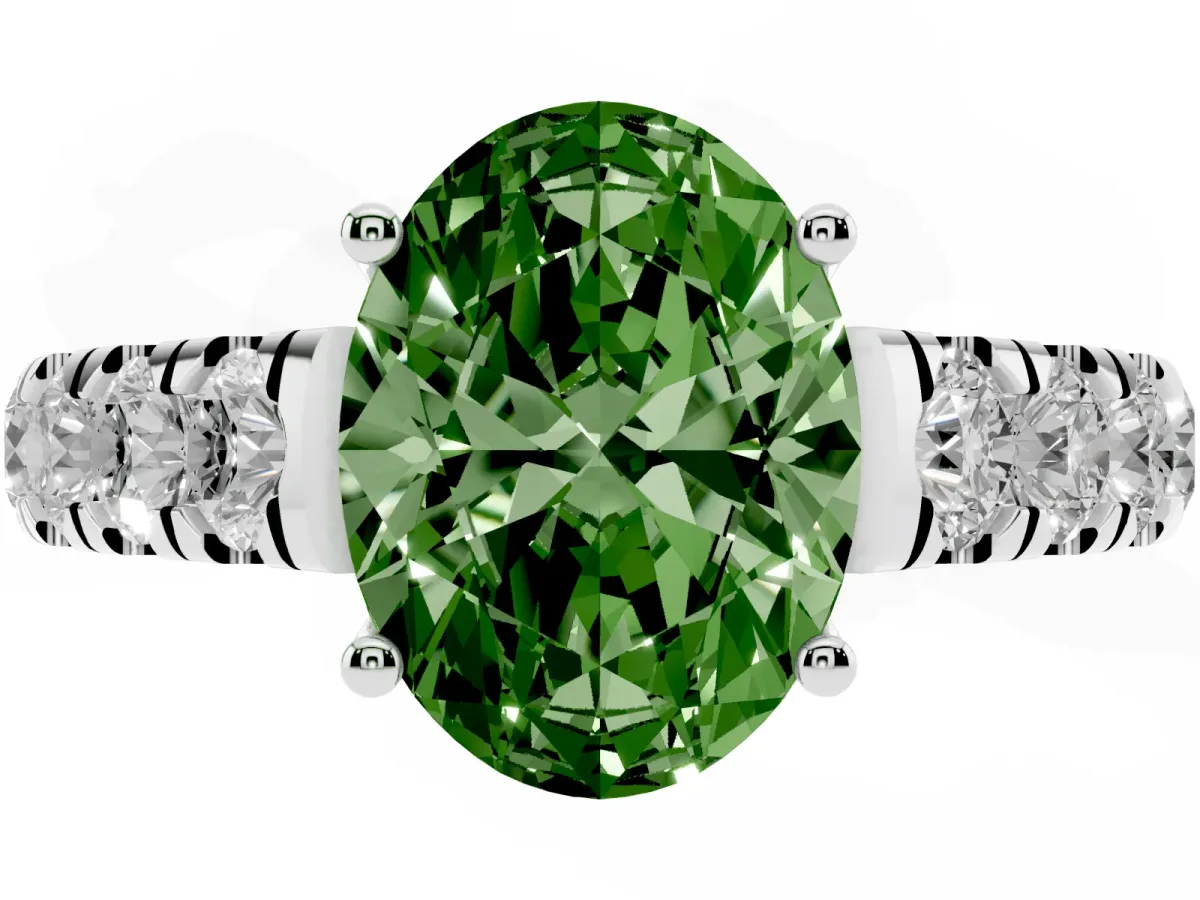 Fancy Green Oval Cut Cut Diamond Solitaire Ring with Micro Pave Band and Prong Setting Platinum