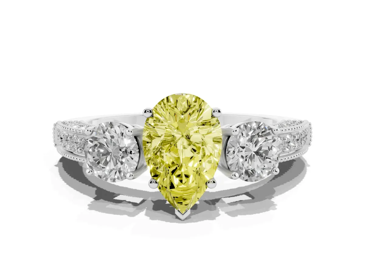 Fancy Yellow Pear Cut Three-Stone Diamond Ring with Pavé Band and Four-Prong Setting Silver