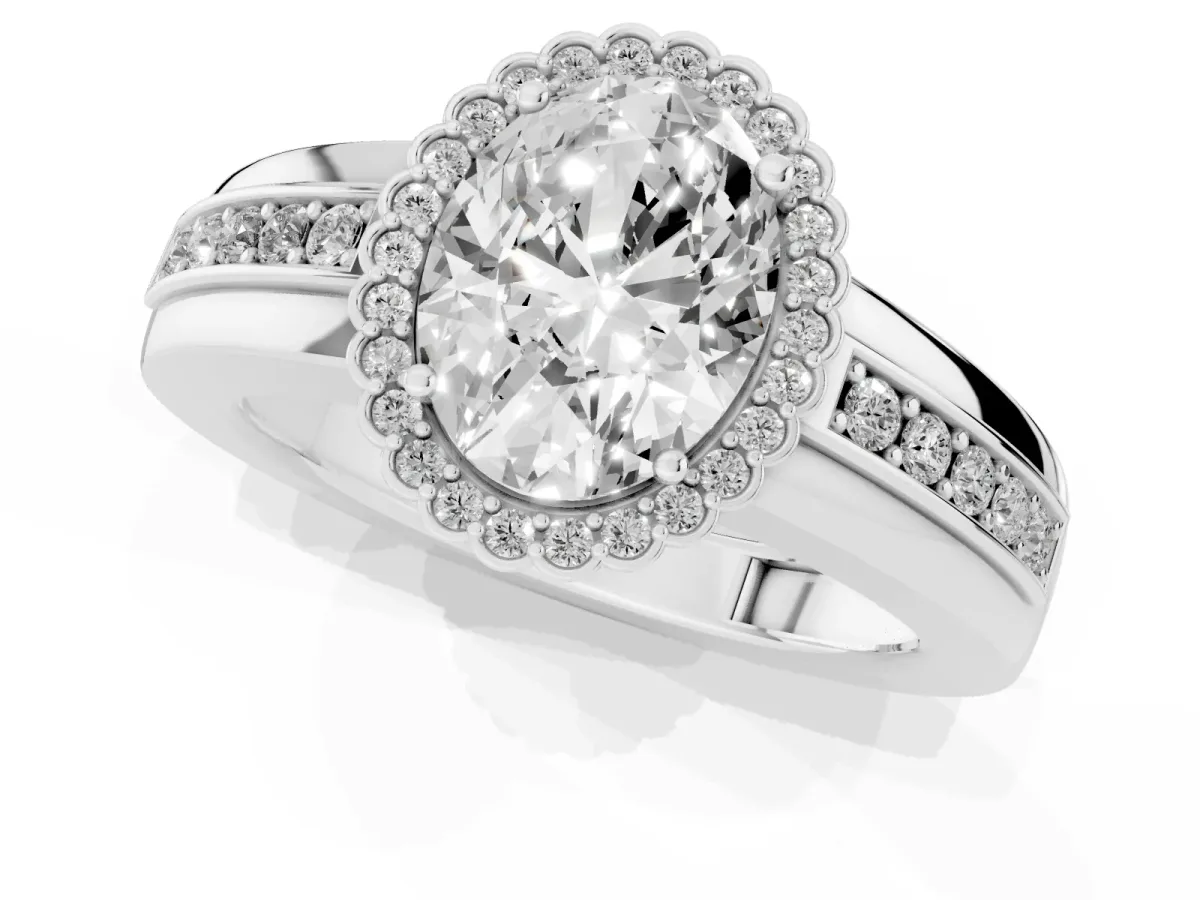 Oval Cut Cut Halo Pave Band Four-Prong Ring Silver