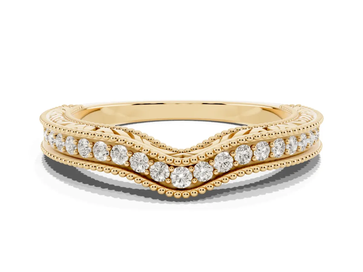Pave Round Diamond Curved Milgrain Band Yellow gold