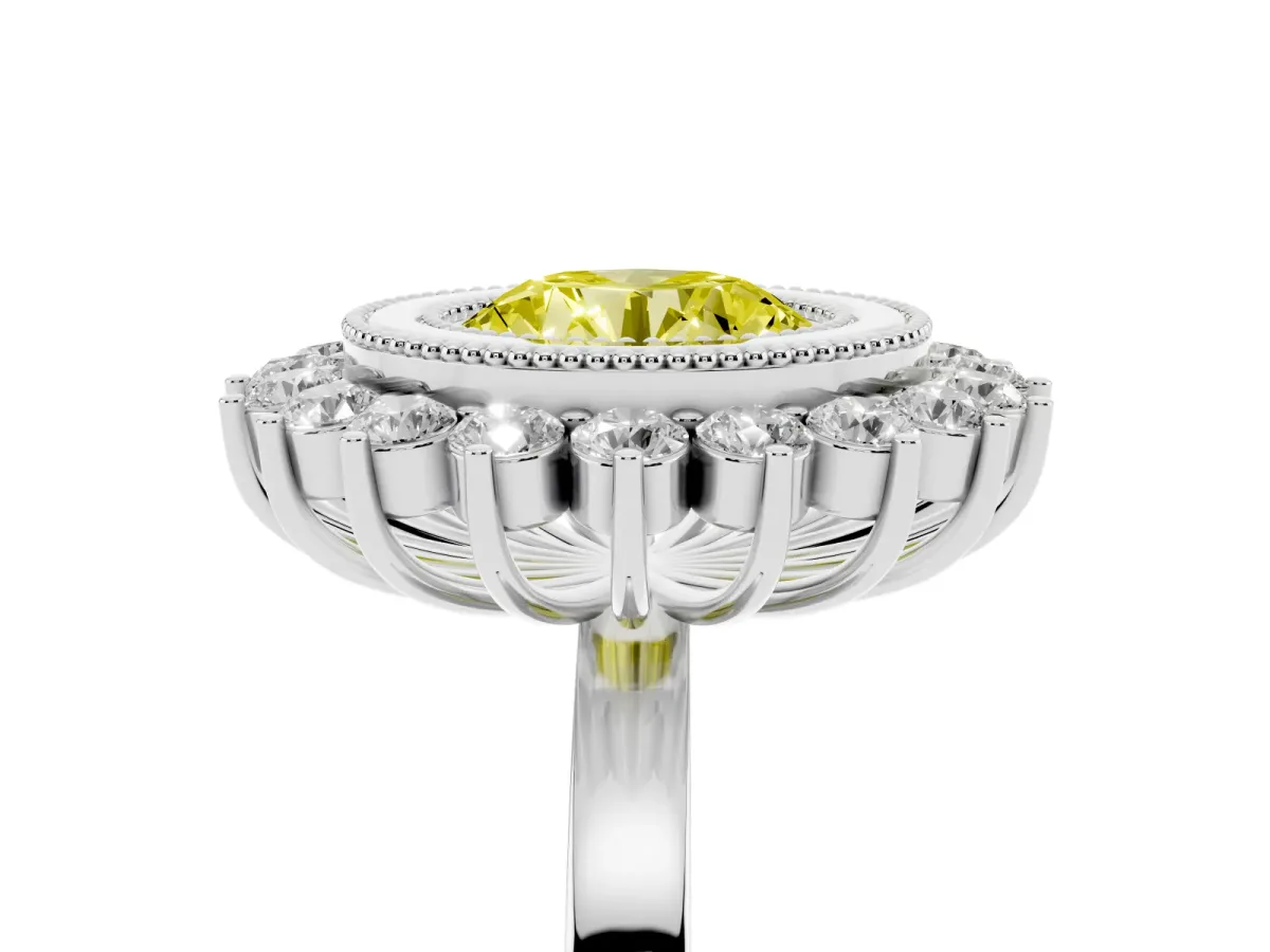 Fancy Yellow Round Cut Halo Diamond Ring with Milgrain Edge and Round Prong Setting Silver