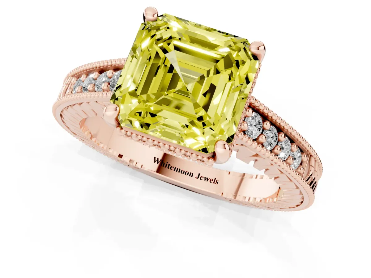 Fancy Yellow Asscher Cut Solitaire Pavé Diamond Milgrain Engagement Ring with Four-Prong Setting Rose gold