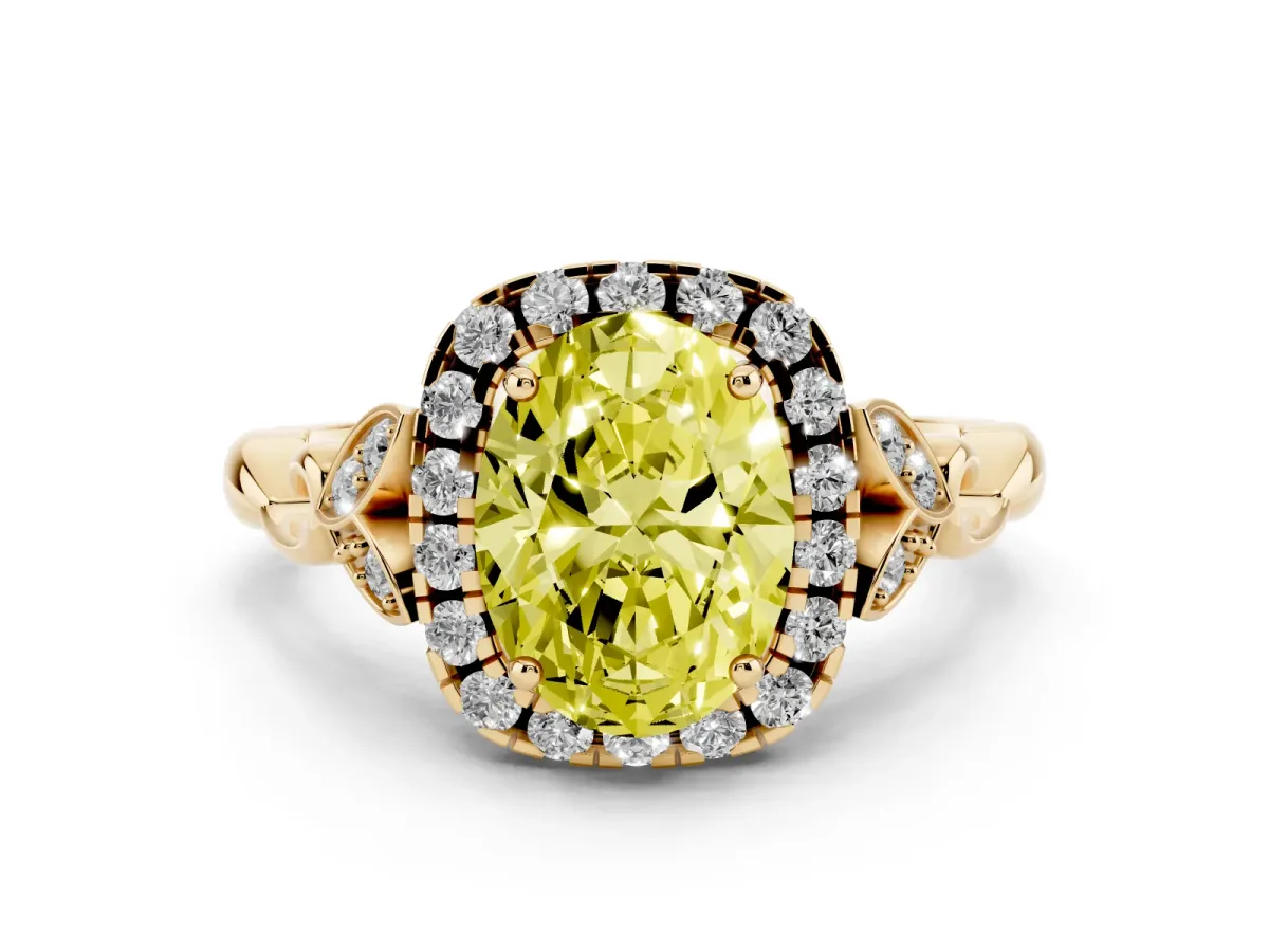 Fancy Yellow Oval Cut Halo Diamond Engagement Ring with Vintage-Inspired Band and Four-Prong Setting Yellow gold