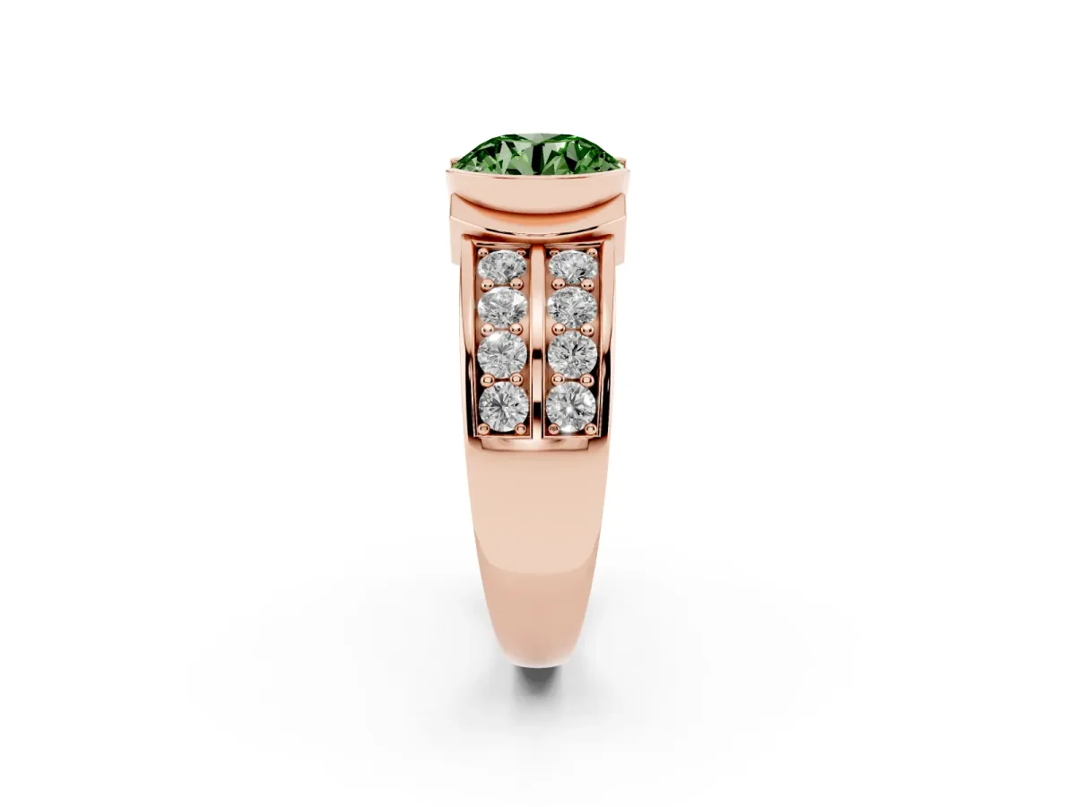 Fancy Green Round Cut Brilliant Diamond Channel Set Wide Band Ring with Bezel Setting Rose gold