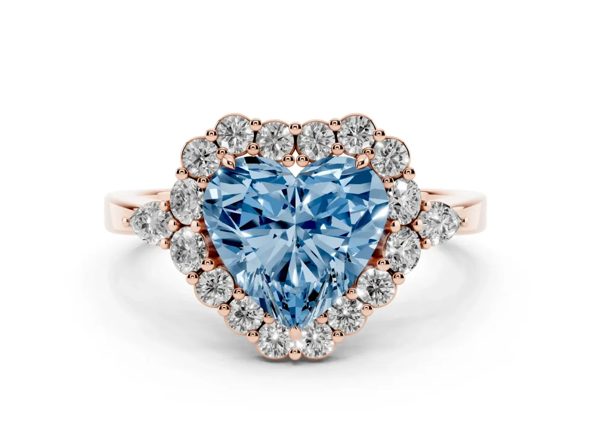 Fancy Blue Heart Cut Diamond Halo Ring with Pear Side Stones and Prong Setting Rose gold
