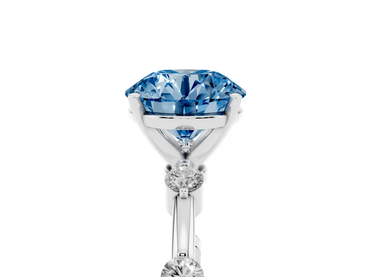 Fancy Blue Round Cut Solitaire Diamond Ring with Bezel Set Side Stones and Prong Setting Silver