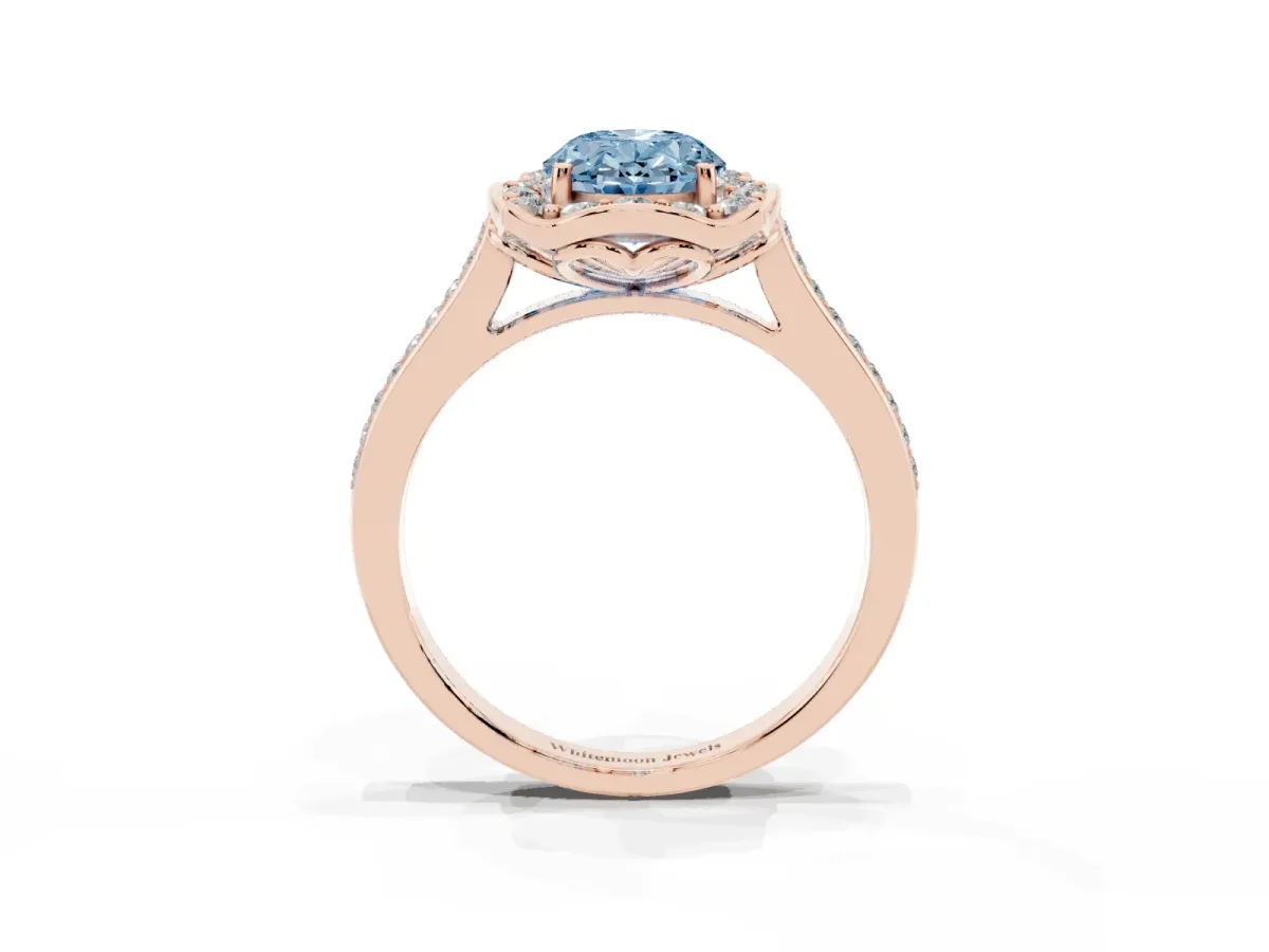 Fancy Blue Oval Cut Halo Round Diamond Pave Band with Four-Prong Setting Rose gold