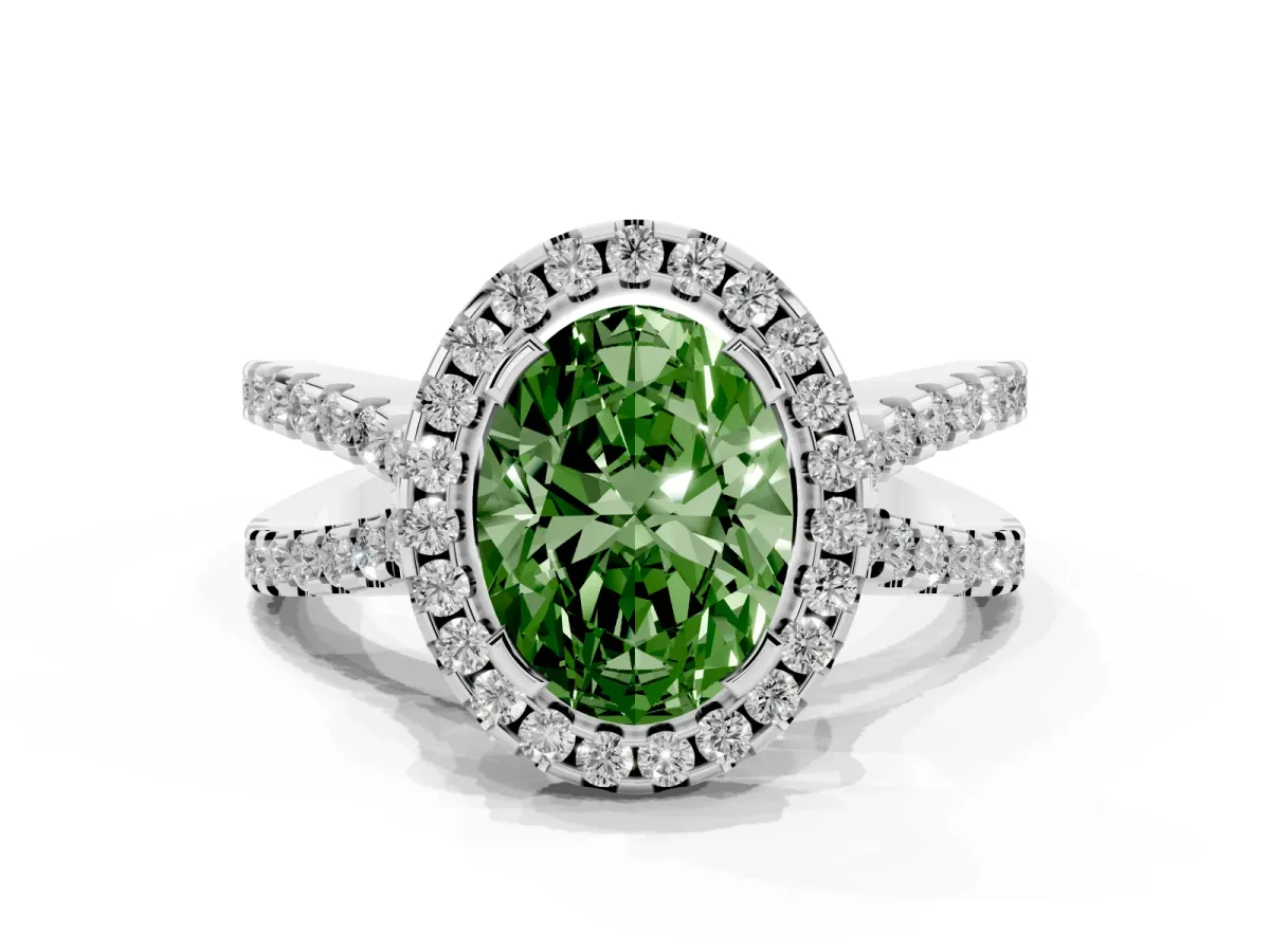 Fancy Green Oval Cut Diamond Halo Ring with Split Shank Pavé Band and Prong Setting Silver