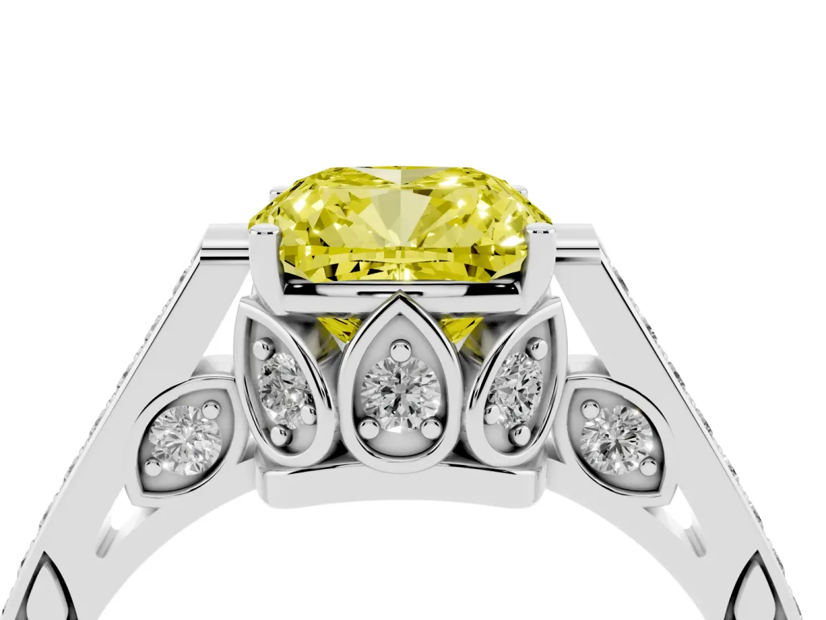 Fancy Yellow Cushion Cut Cut Cathedral Pave Diamond Engagement Ring with Six-Prong Setting Silver