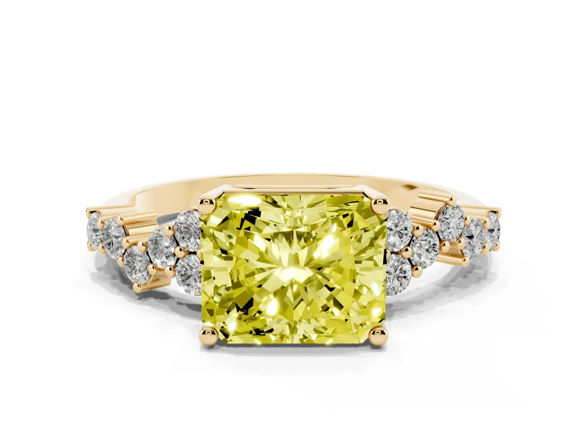 Fancy Yellow Radiant Cut Diamond Scattered Round Accent Ring with Prong Setting Yellow gold