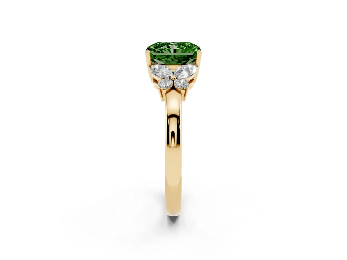 Fancy Green Radiant Cut Cut Solitaire Floral Diamond Ring with Four-Prong Setting Yellow gold