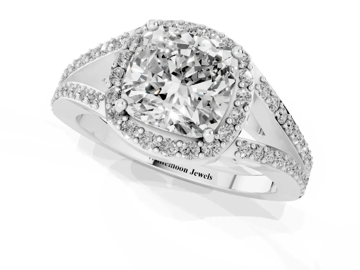 Cushion Cut Halo Split Shank Diamond Ring with Prong Setting Silver