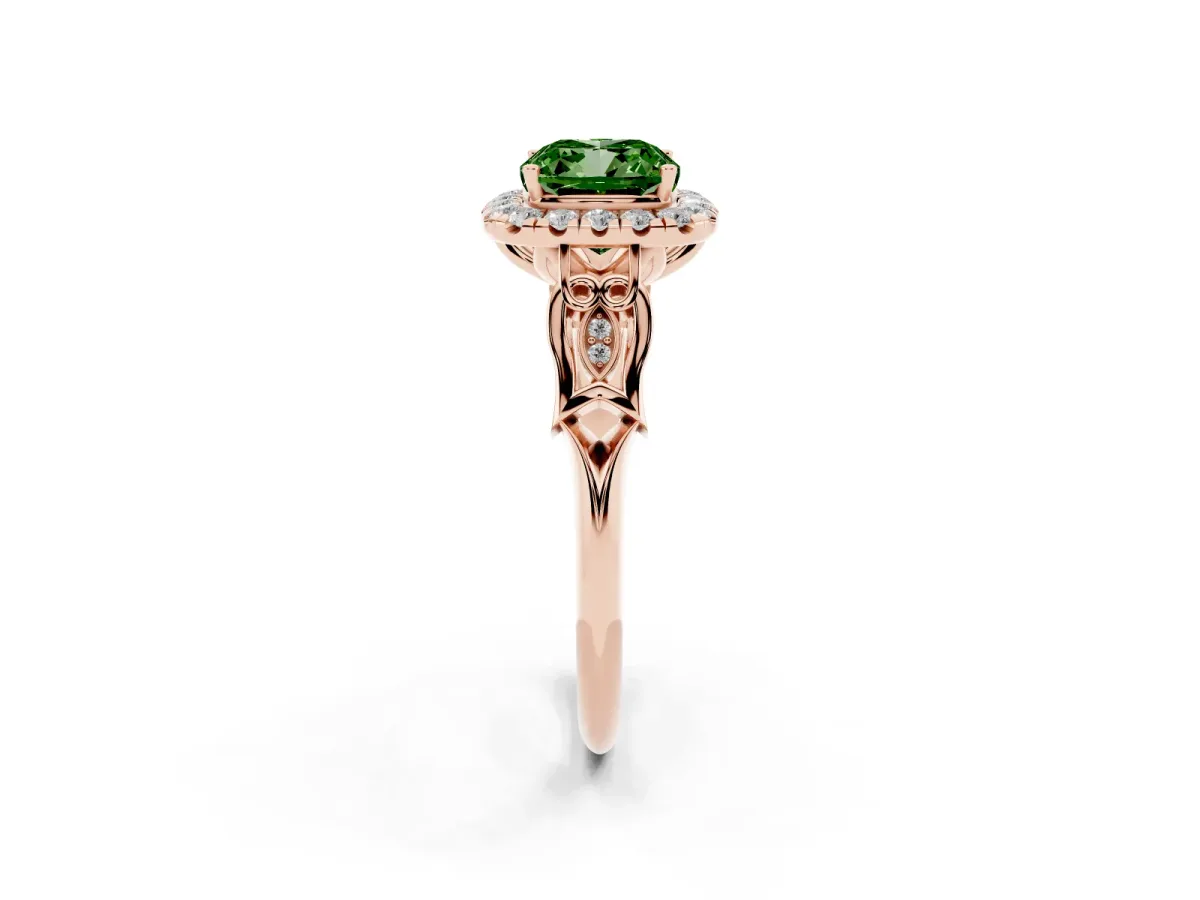 Fancy Green Cushion Cut Halo Diamond Engagement Ring with Filigree Band and Four-Prong Setting Rose gold