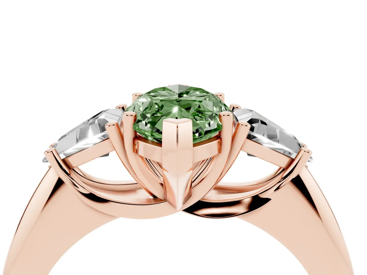 Fancy Green Three-Stone Marquise Cut Diamond Engagement Ring with Trillion Side Stones and Prong Setting Rose gold