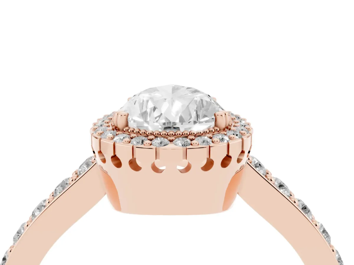 Pear Cut Cut Diamond Halo Engagement Ring with Milgrain Detail and Pavé Band Rose gold