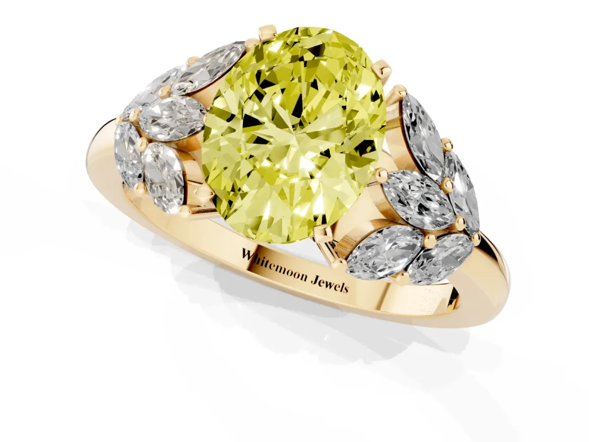 Fancy Yellow Oval Cut Diamond Cluster Leaf Design Ring with Prong Setting Yellow gold
