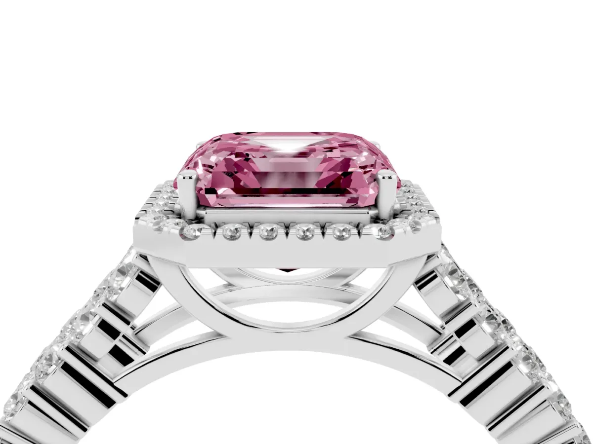 Fancy Pink Asscher Cut Diamond Halo Engagement Ring with Triple Row Round Pavé Band and Prong Setting Platinum