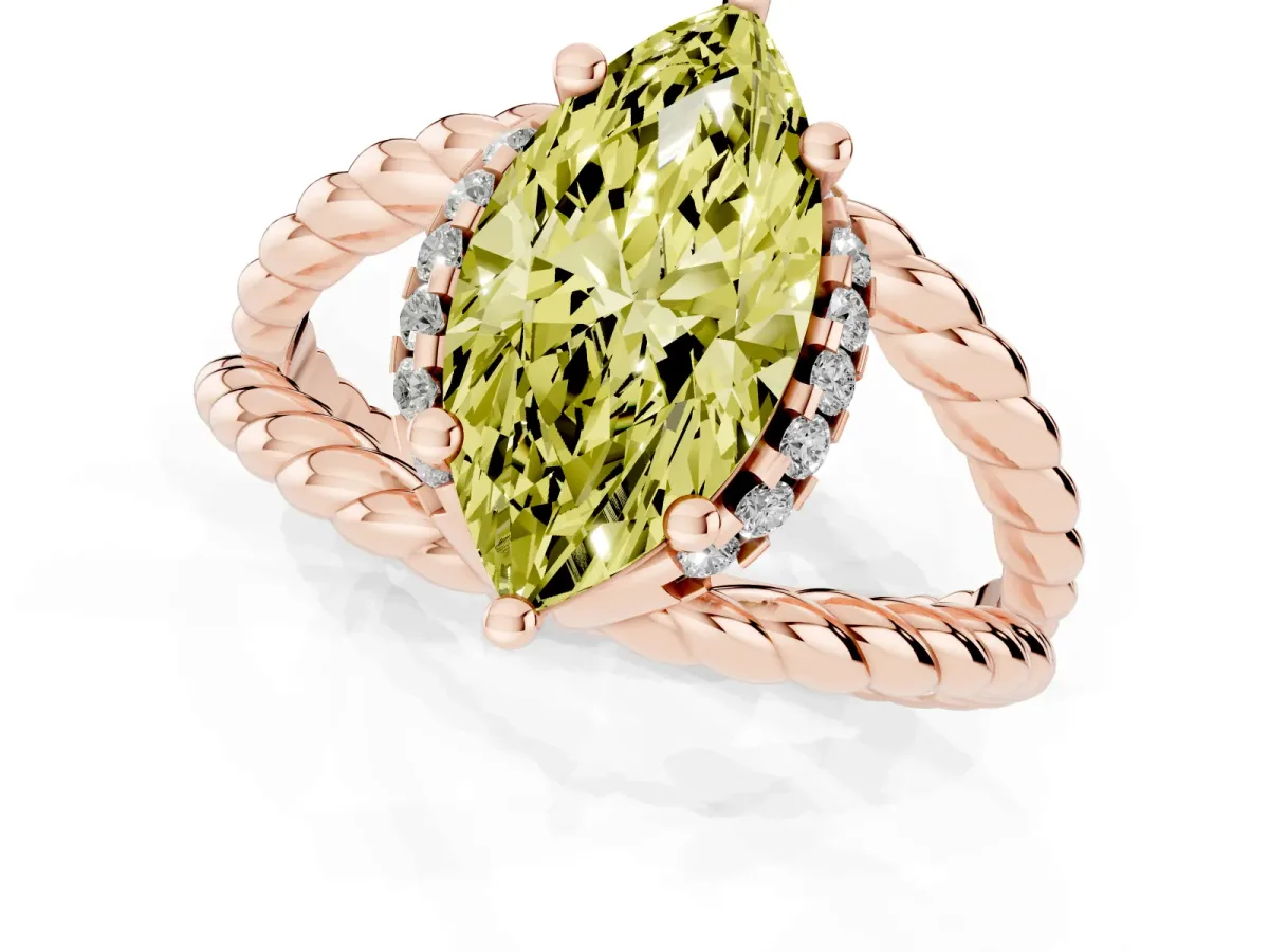 Fancy Yellow Marquise Cut Halo Twisted Band Four-Prong Ring Rose gold
