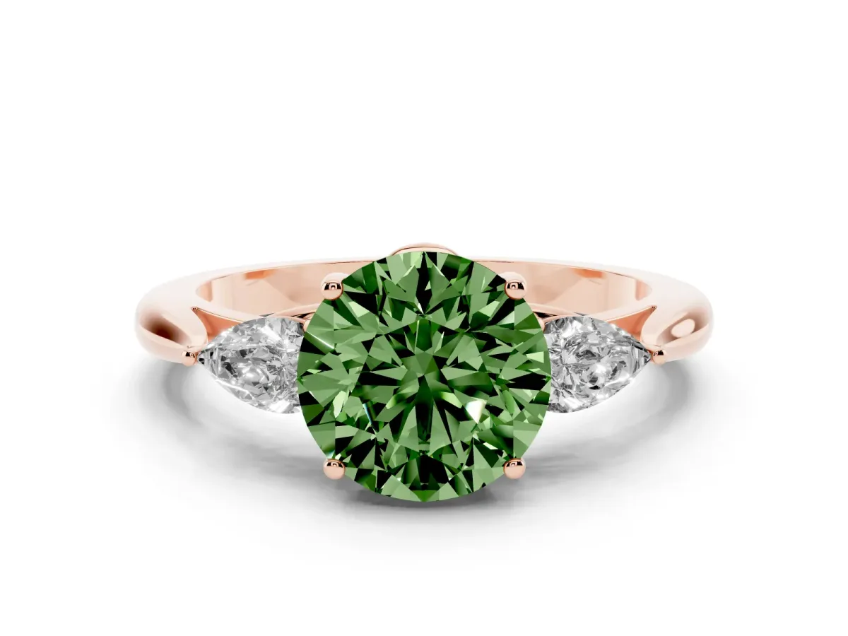 Fancy Green Three-Stone Round Cut Diamond Ring with Pear Side Stones in Four-Prong Setting Rose gold