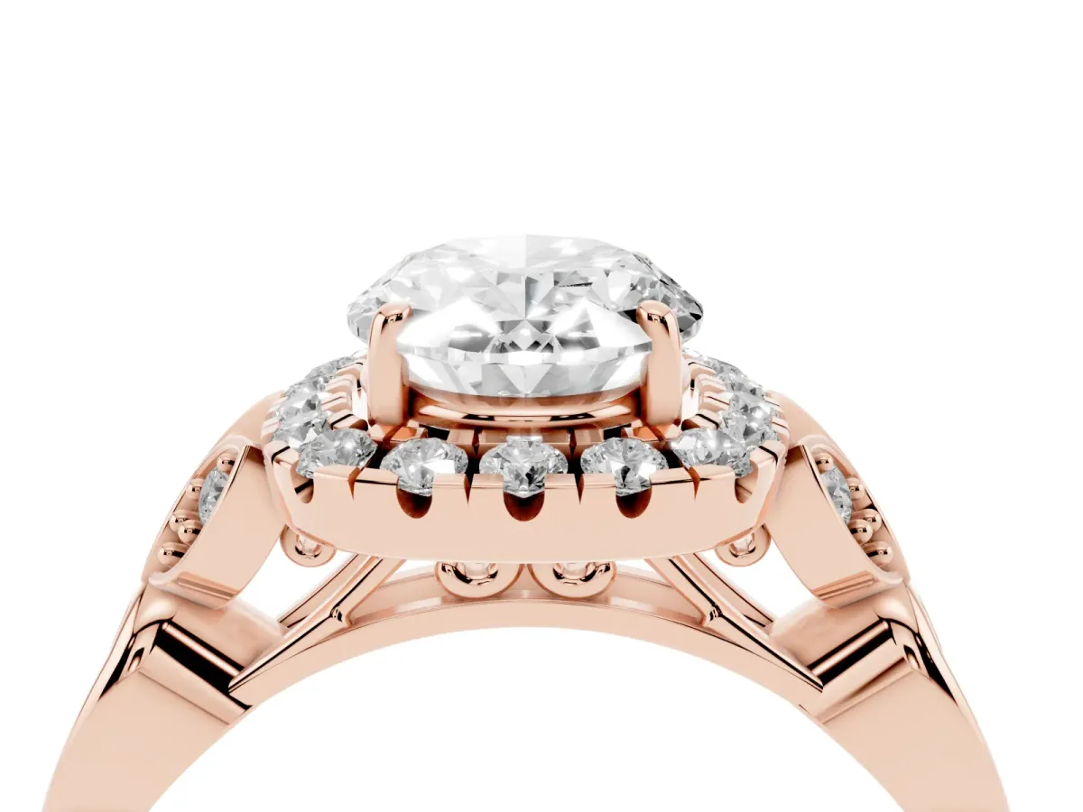 Oval Cut Halo Diamond Engagement Ring with Vintage-Inspired Band and Four-Prong Setting Rose gold