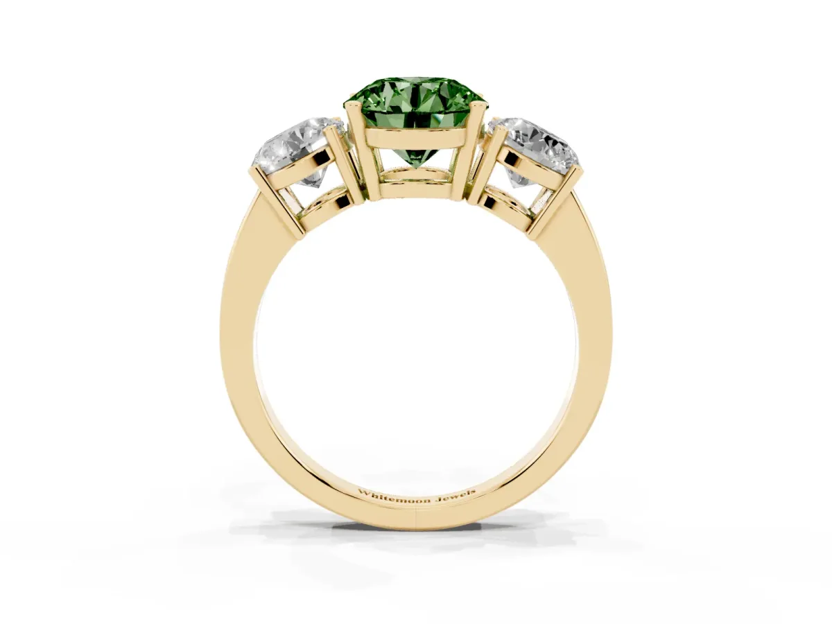 Fancy Green Three-Stone Round Cut Cut Diamond Engagement Ring with Flat Band and Four-Prong Setting Yellow gold