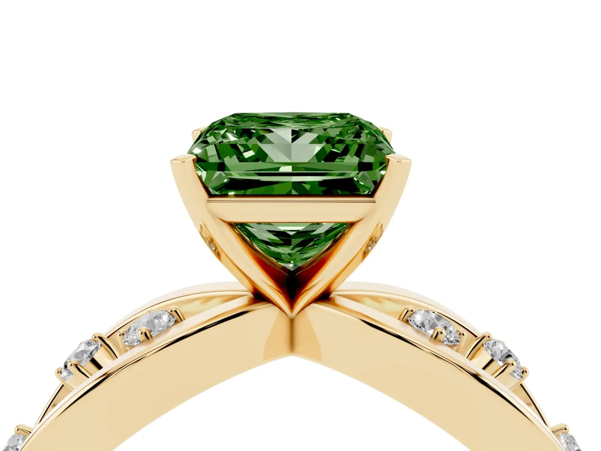 Fancy Green Princess Cut Cut Solitaire Diamond with Side Stones on Criss-Cross Band and Four-Prong Setting Yellow gold
