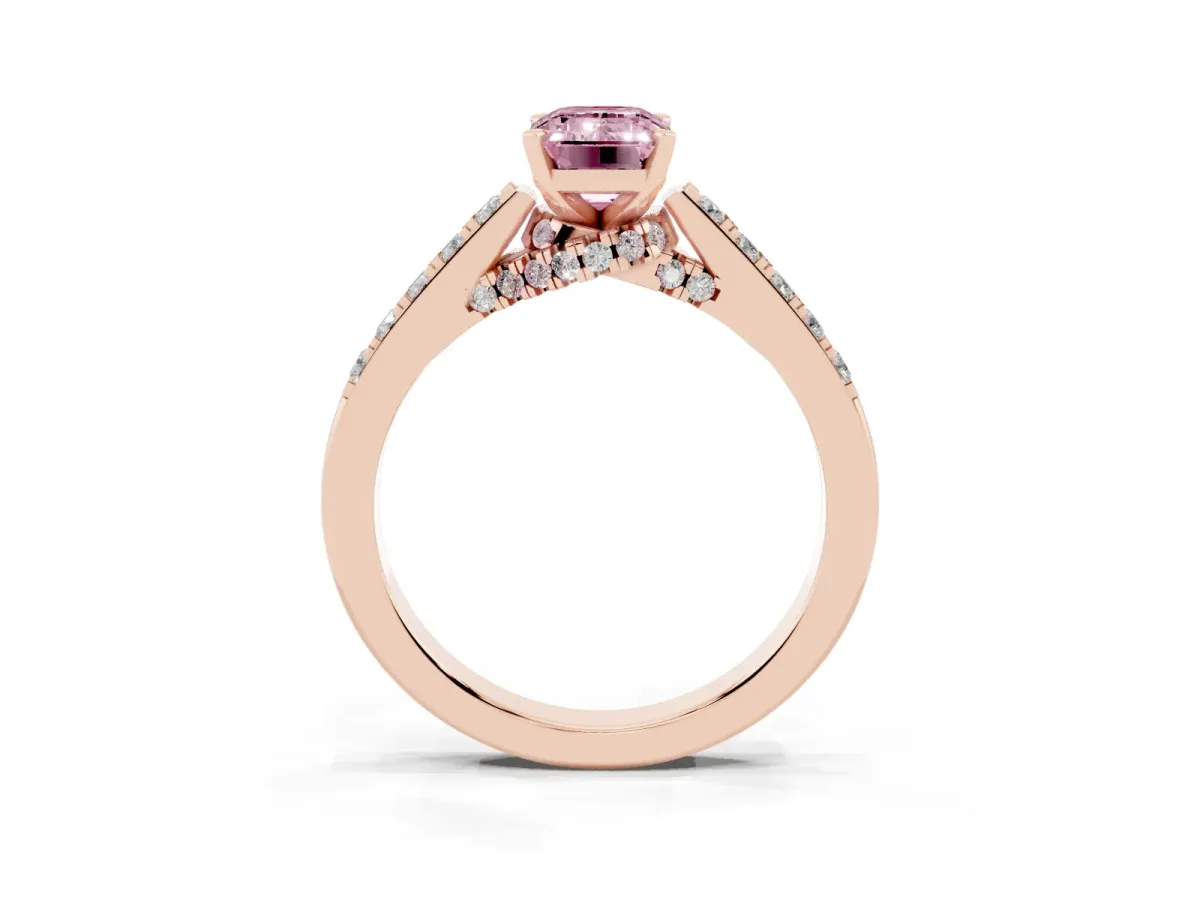 Fancy Pink Emerald Cut Diamond Solitaire Ring with Crossover Gallery and Round Pavé Band Rose gold
