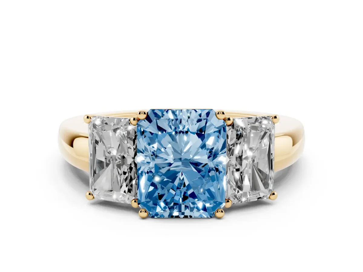 Fancy Blue Radiant Cut Diamond Three-Stone Ring with Four-Prong Setting and Classic Band Yellow gold