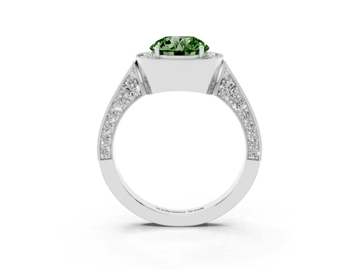 Fancy Green Round Cut Halo Diamond Engagement Ring with Split Shank Band and Four-Prong Setting Silver