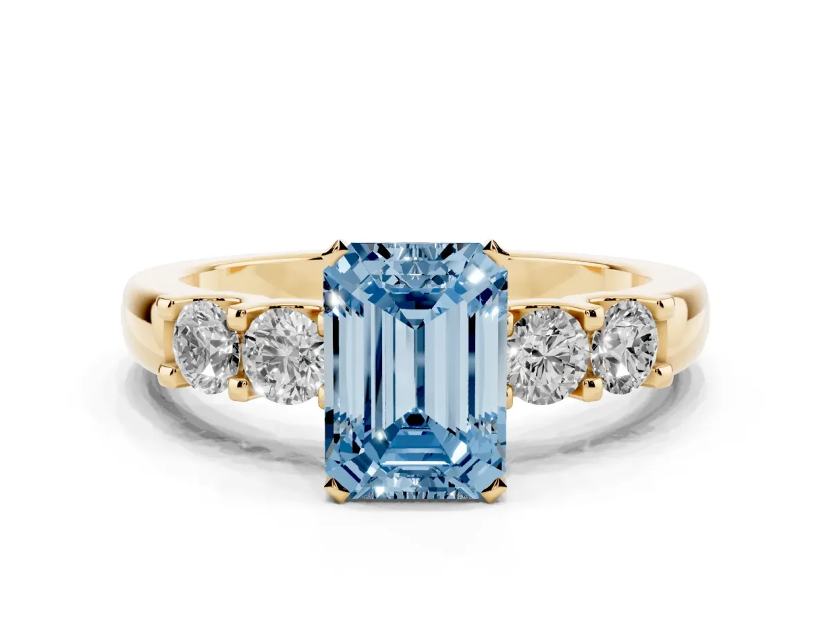 Fancy Blue Emerald Cut Brilliant Cut Diamond Five-Stone Prong Set Engagement Ring with Channel Band Yellow gold
