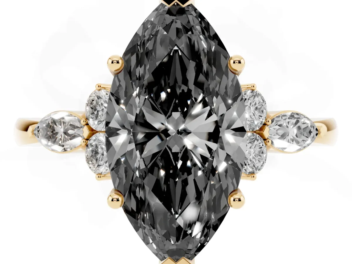 Fancy Black Marquise Cut Brilliant Diamond Solitaire Ring with Pear Side Stones and Four-Prong Setting Yellow gold